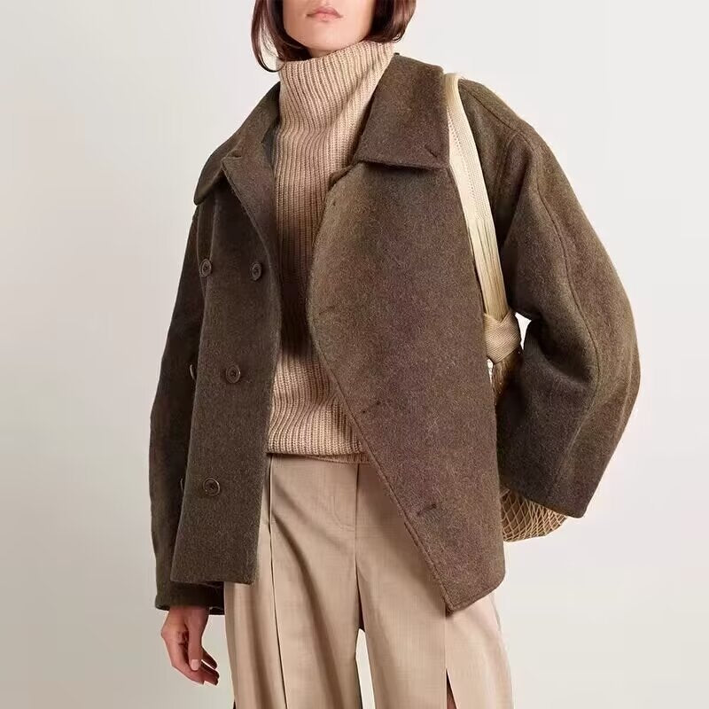 Office All Match Lace up Fitted Waist Turn down Collar Short Woolen Coat SenDa
