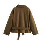 Office All Match Lace up Fitted Waist Turn down Collar Short Woolen Coat SenDa