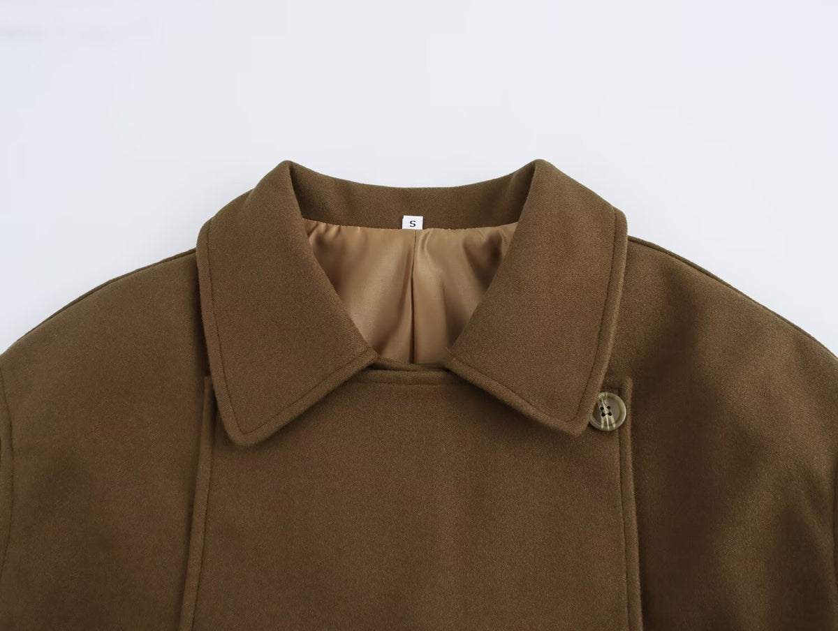 Office All Match Lace up Fitted Waist Turn down Collar Short Woolen Coat SenDa