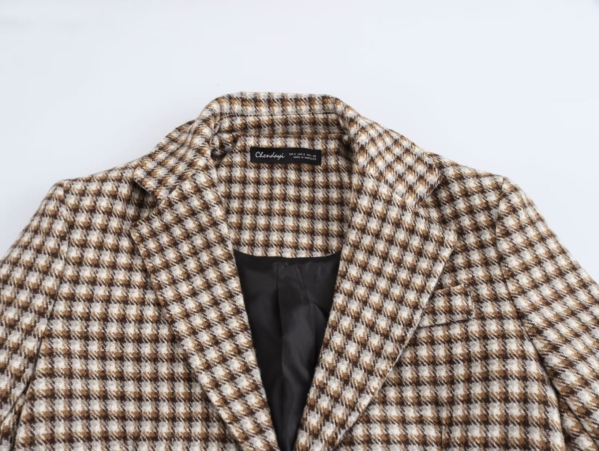 Women Clothing Autumn Winter Office Plaid Long Overcoat Outerwear SenDa