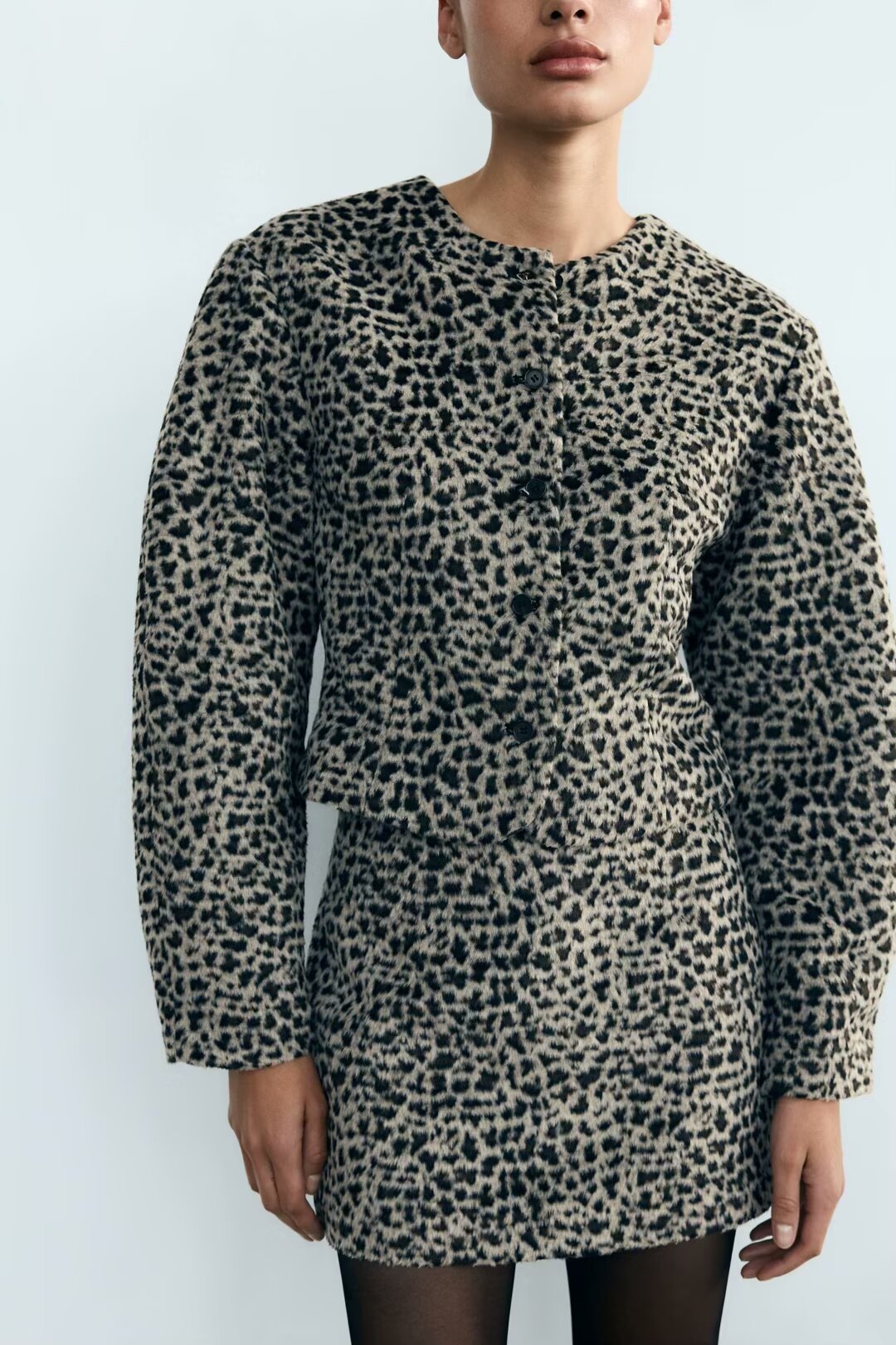 Women Clothing Sexy Leopard Print Long Sleeve Woolen Coat Skirt Sets SenDa