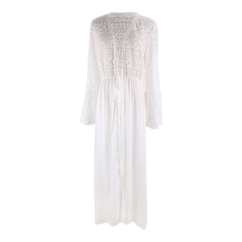 Cardigan long en dentelle à coutures en rayonne, paréo de plage, vêtement d'extérieur, maillot de bain, cardigan, protection solaire, vacances