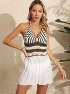 Robe de plage sexy à rayures et bretelles contrastées, crochetée à la main, pour femme