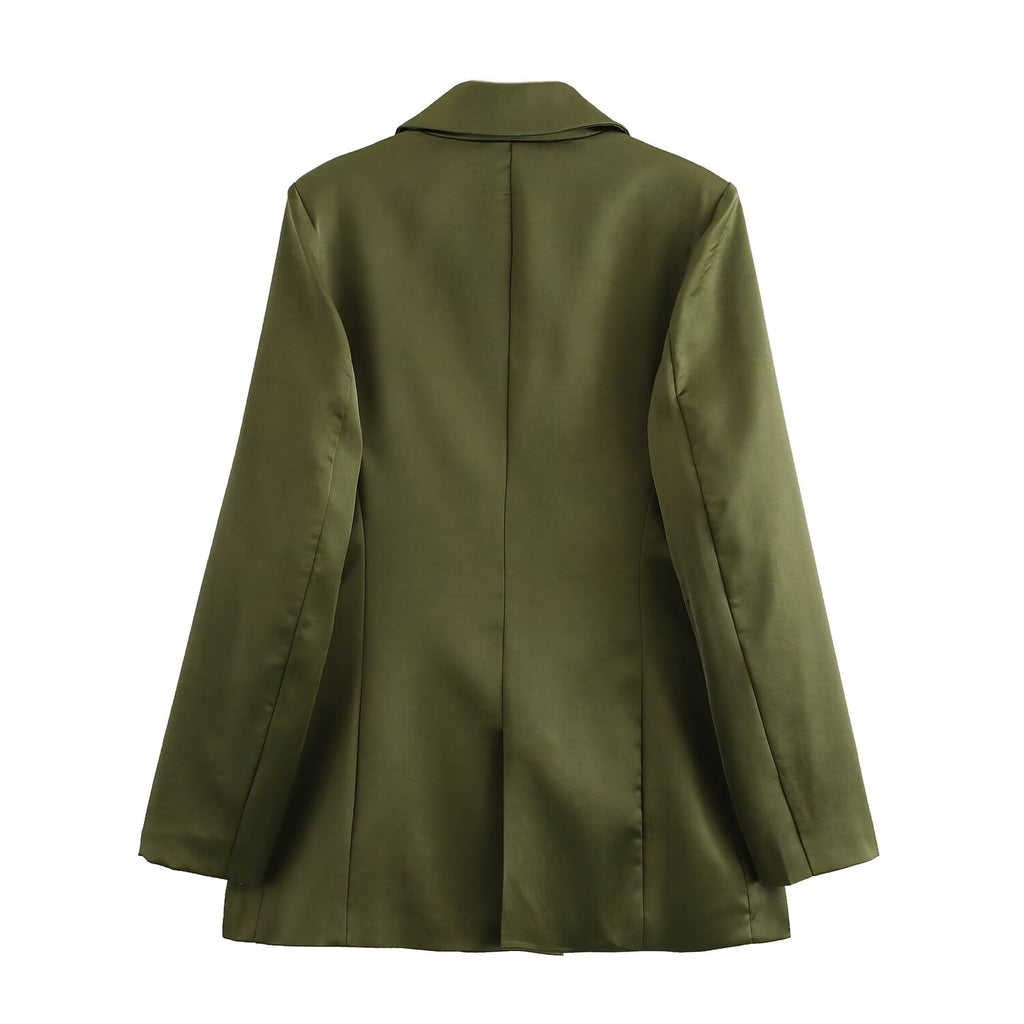Women Double Breasted Silk Satin Texture Blazer Two Piece Pant Sets SenDa