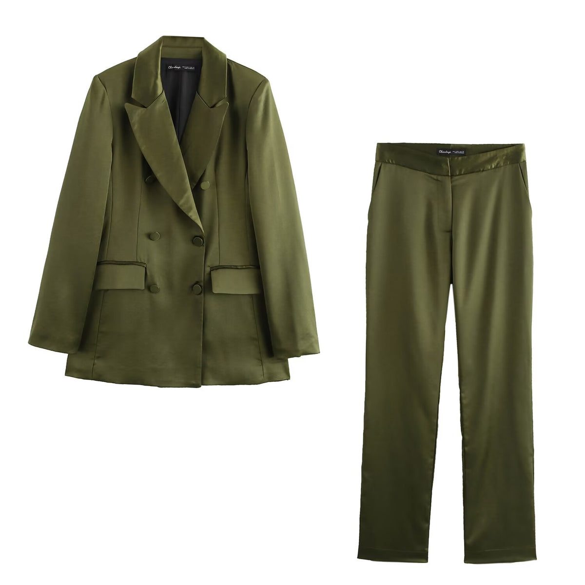 Women Double Breasted Silk Satin Texture Blazer Two Piece Pant Sets SenDa