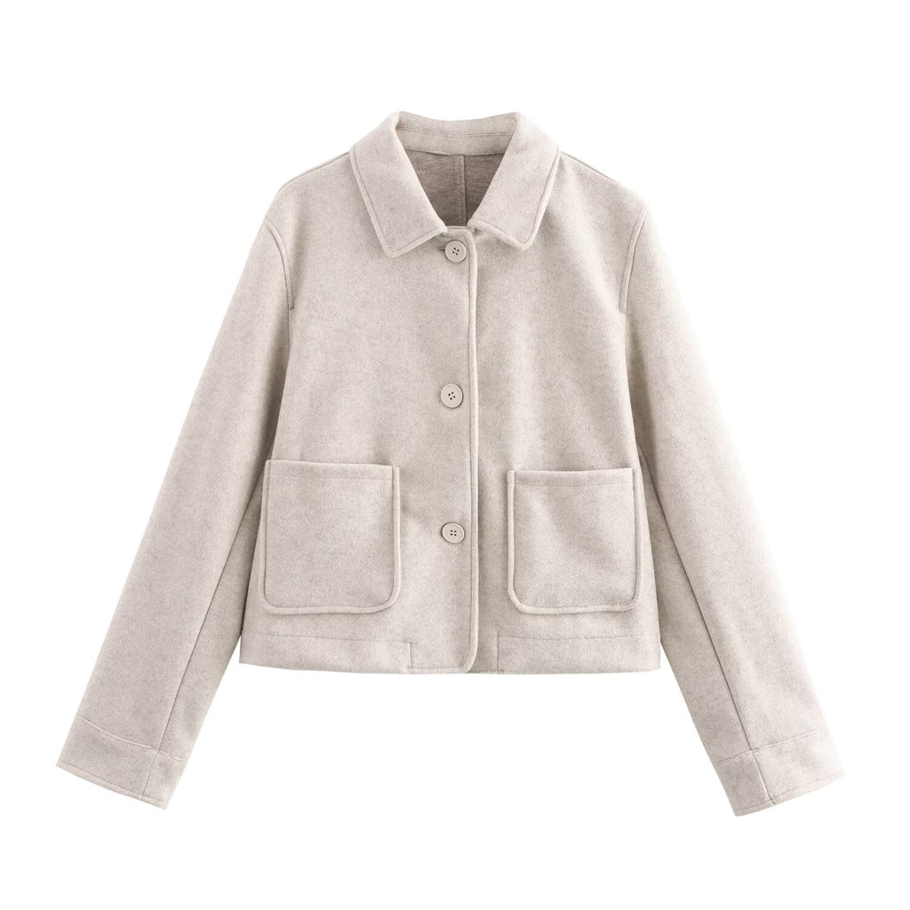 Women Clothing Autumn Winter Collared Pocket Decoration Soft Jacket SenDa