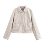 Women Clothing Autumn Winter Collared Pocket Decoration Soft Jacket SenDa