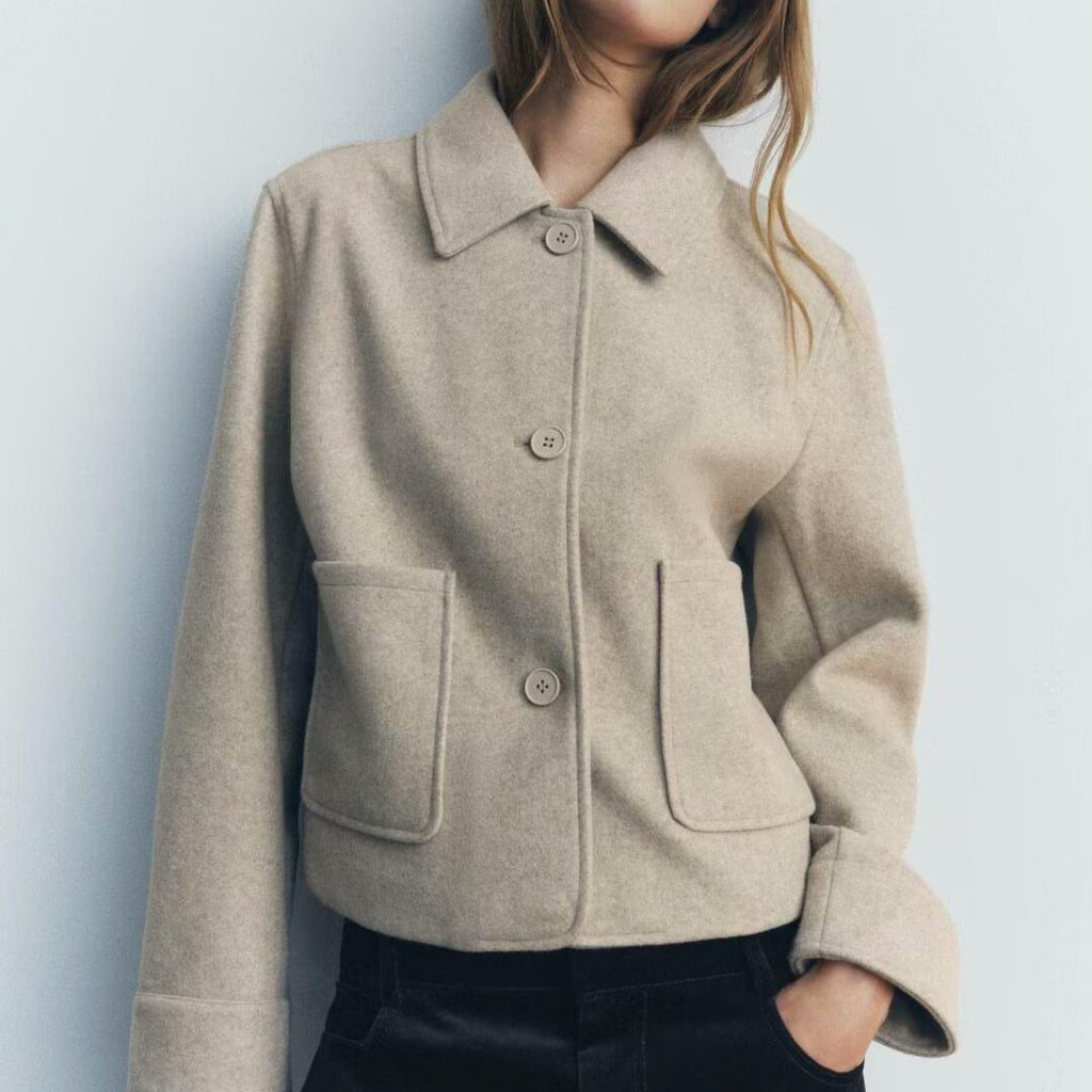 Women Clothing Autumn Winter Collared Pocket Decoration Soft Jacket SenDa
