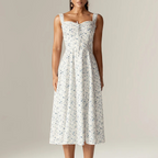 Spring Floral Print Lace Trim High Waist Slim Mid Length Sling Dress Camille