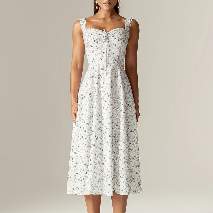 Spring Floral Print Lace Trim High Waist Slim Mid Length Sling Dress Camille