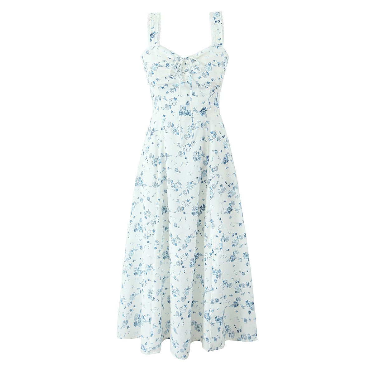 Spring Floral Print Lace Trim High Waist Slim Mid Length Sling Dress Camille