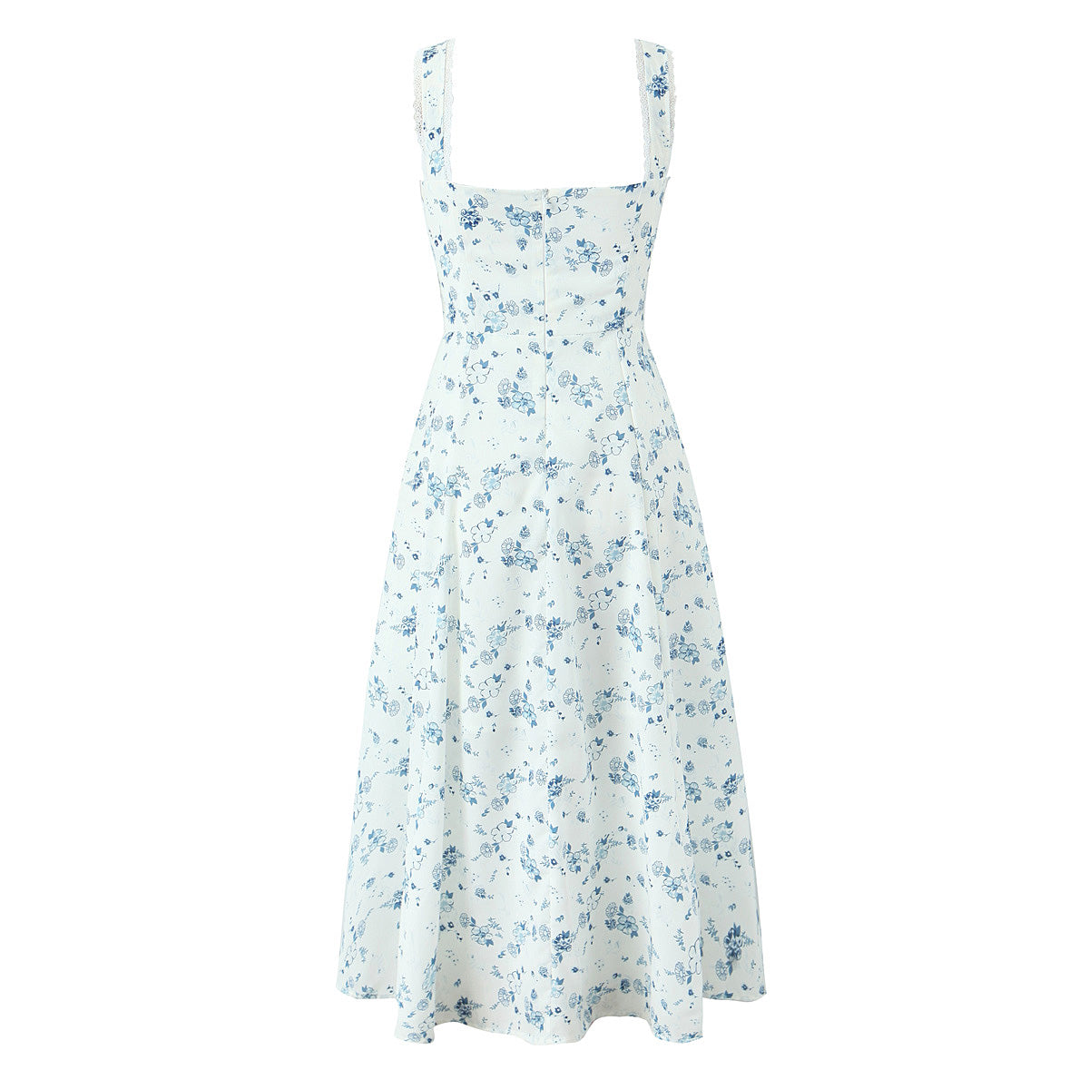 Spring Floral Print Lace Trim High Waist Slim Mid Length Sling Dress Camille