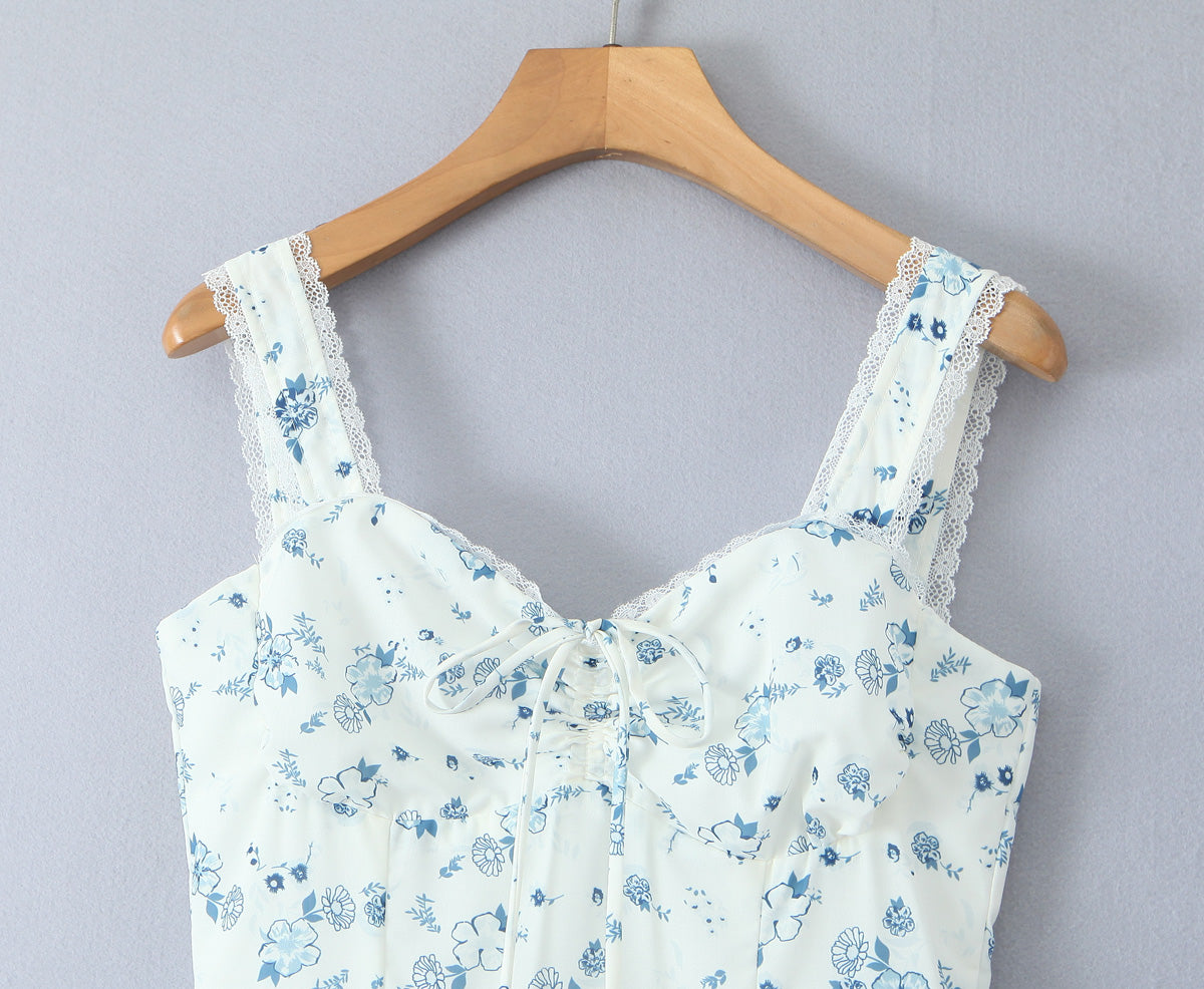 Spring Floral Print Lace Trim High Waist Slim Mid Length Sling Dress Camille