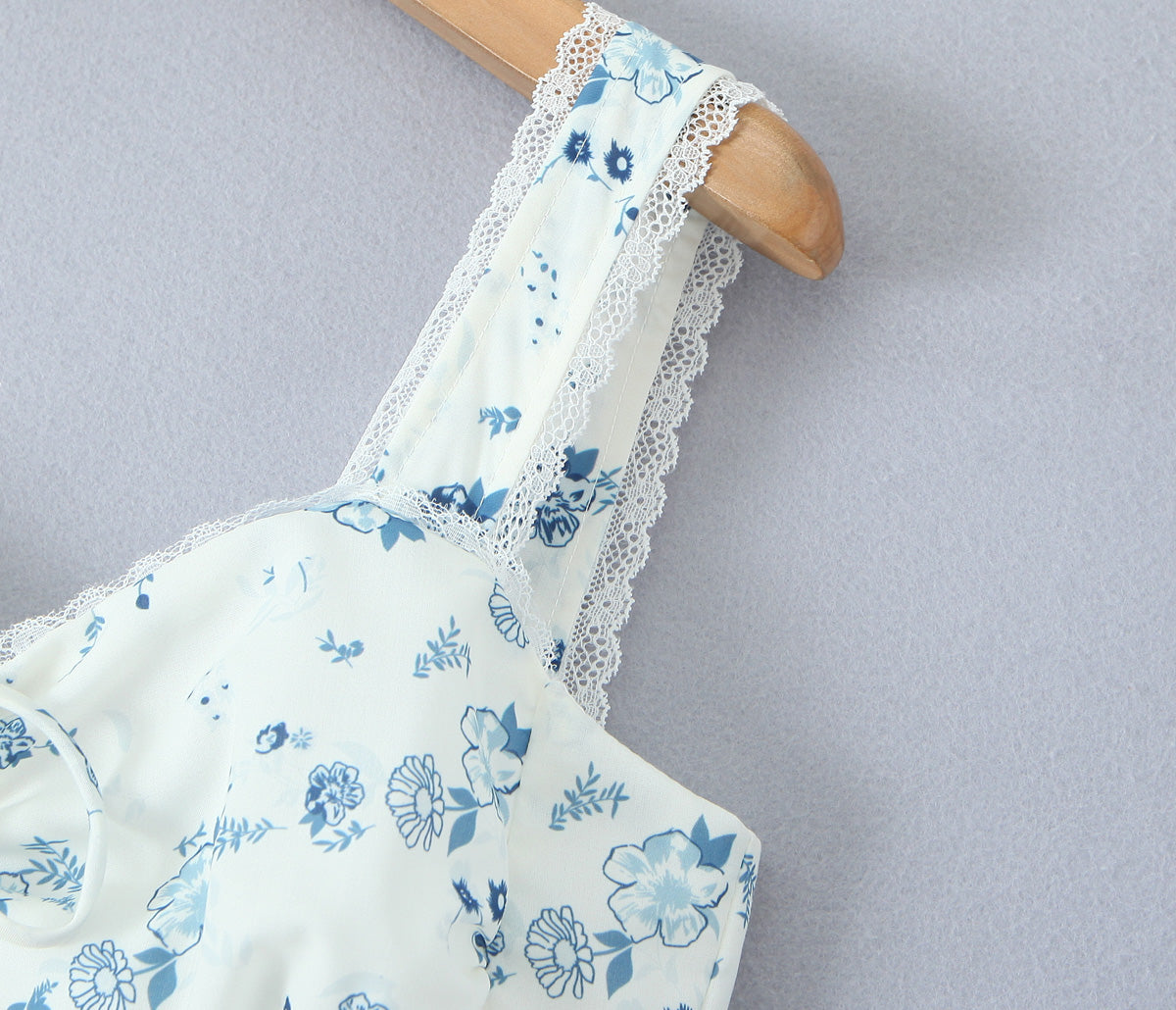 Spring Floral Print Lace Trim High Waist Slim Mid Length Sling Dress Camille