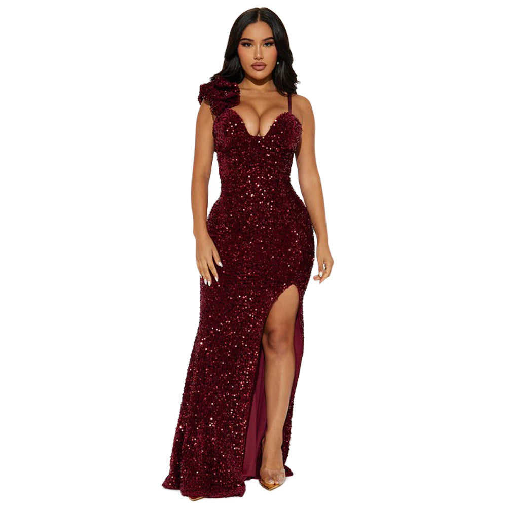 Women Wear Solid Color Sexy Suspenders Sequined Maxi Dress Slit Evening Dress Coya