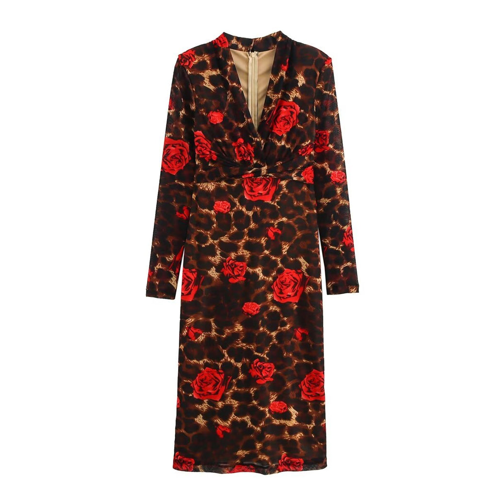 Vestido de invierno de manga larga con cuello en V, ajustado, de punto, con estampado de leopardo y rosas