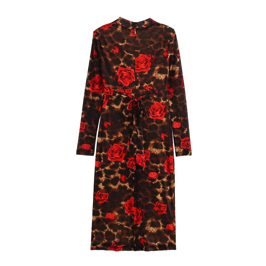 Vestido de invierno de manga larga con cuello en V, ajustado, de punto, con estampado de leopardo y rosas