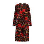 Vestido de invierno de manga larga con cuello en V, ajustado, de punto, con estampado de leopardo y rosas