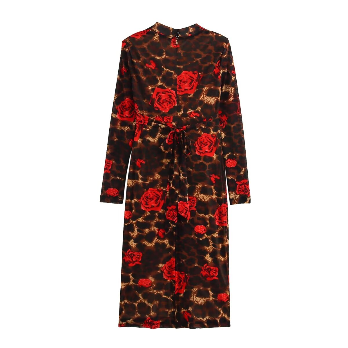 Vestido de invierno de manga larga con cuello en V, ajustado, de punto, con estampado de leopardo y rosas