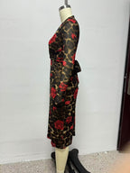 Vestido de invierno de manga larga con cuello en V, ajustado, de punto, con estampado de leopardo y rosas