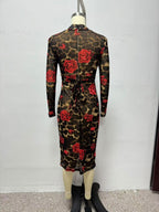 Vestido de invierno de manga larga con cuello en V, ajustado, de punto, con estampado de leopardo y rosas
