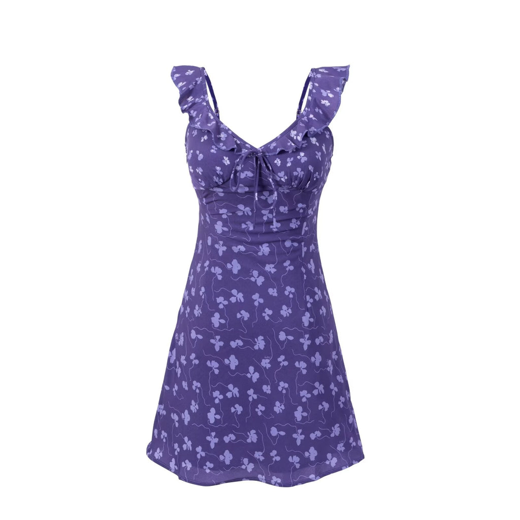 Vintage Ruffled V neck Lace up Printed Dress Summer Tight Waist Slim Holiday Short Suspender Dress PullWind