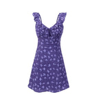 Vintage Ruffled V neck Lace up Printed Dress Summer Tight Waist Slim Holiday Short Suspender Dress PullWind