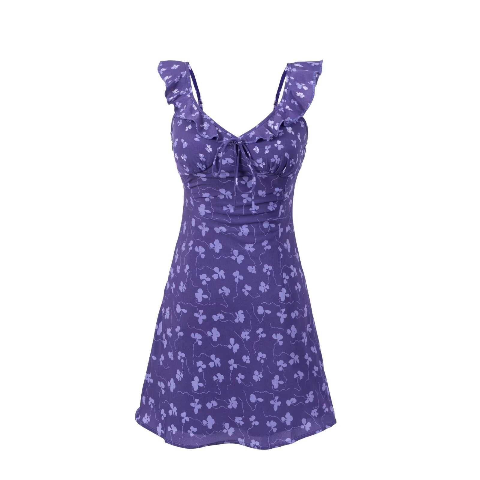 Vintage Ruffled V neck Lace up Printed Dress Summer Tight Waist Slim Holiday Short Suspender Dress PullWind