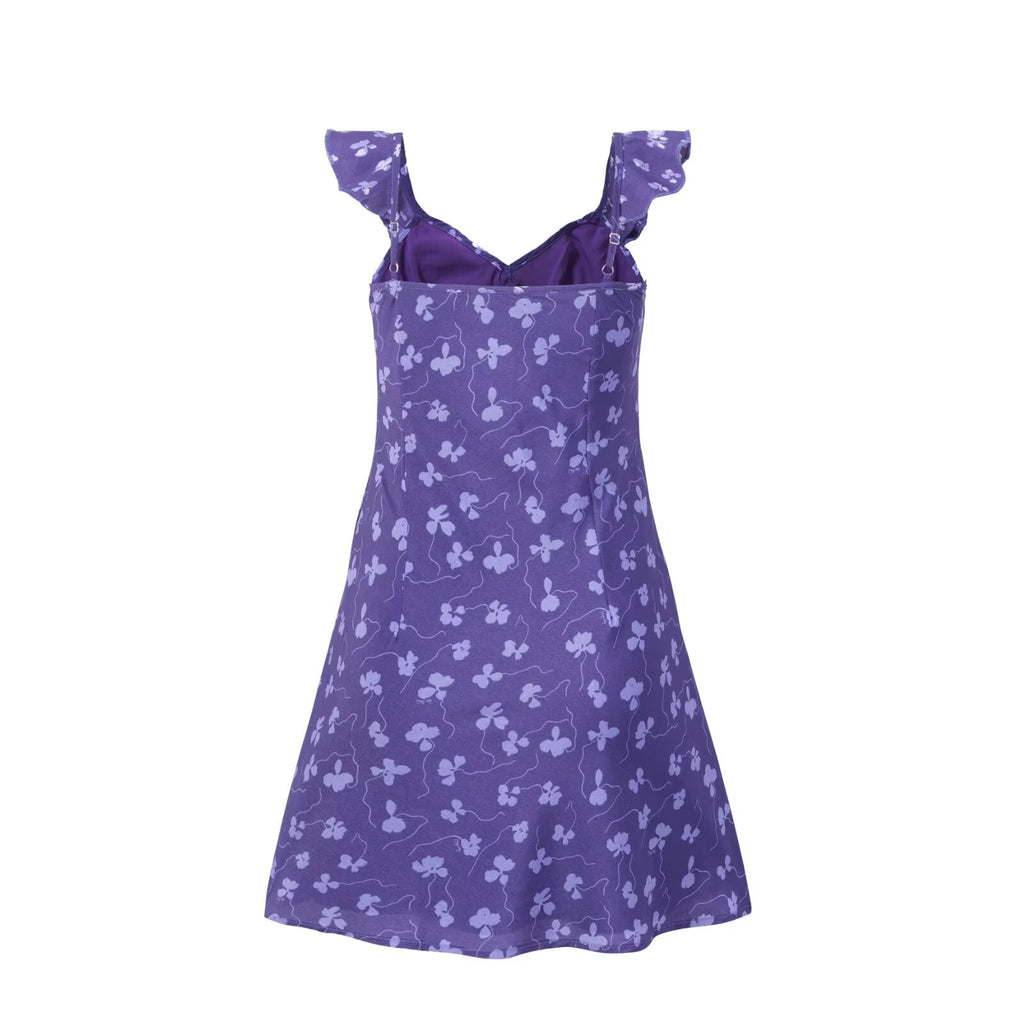 Vintage Ruffled V neck Lace up Printed Dress Summer Tight Waist Slim Holiday Short Suspender Dress PullWind