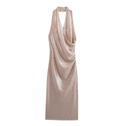 Women French Sequin Pleated Halter Dress