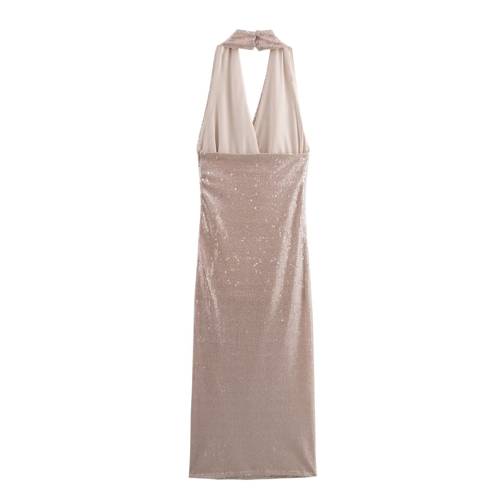 Vestido halter plisado con lentejuelas francesas para mujer