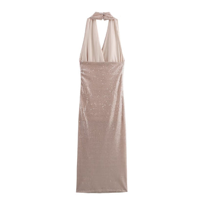 Women French Sequin Pleated Halter Dress