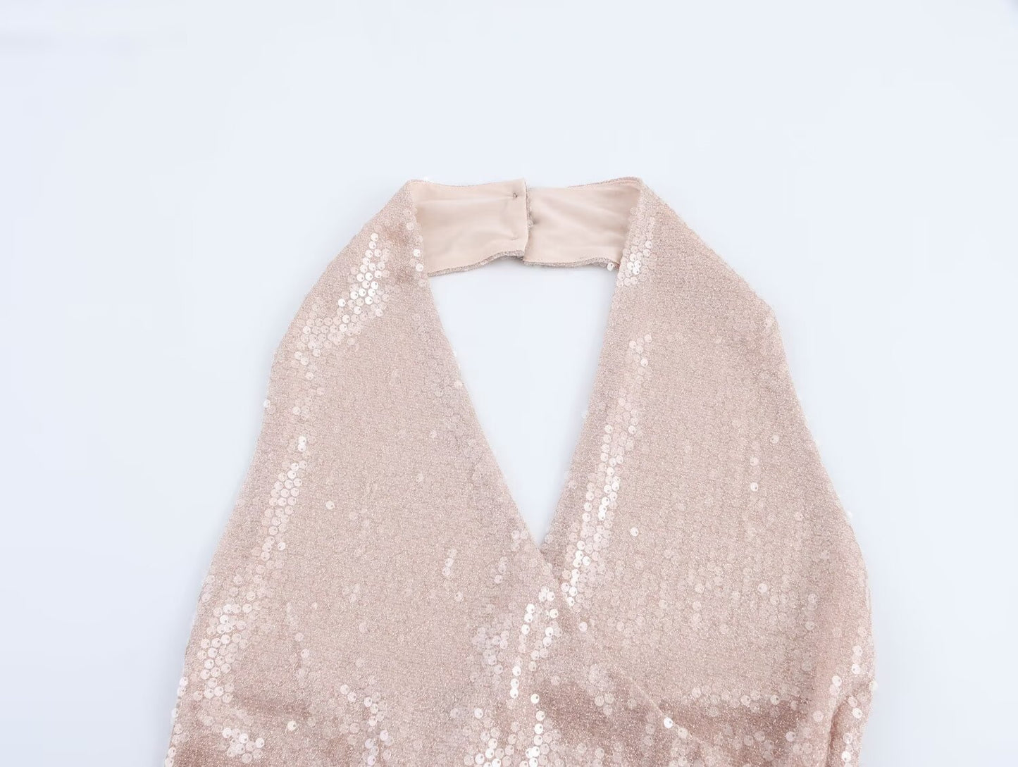 Women French Sequin Pleated Halter Dress