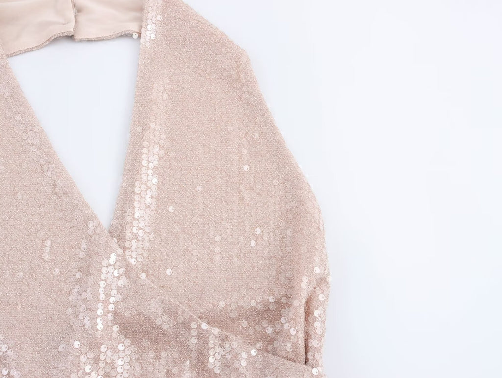 Vestido halter plisado con lentejuelas francesas para mujer