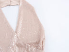Vestido halter plisado con lentejuelas francesas para mujer