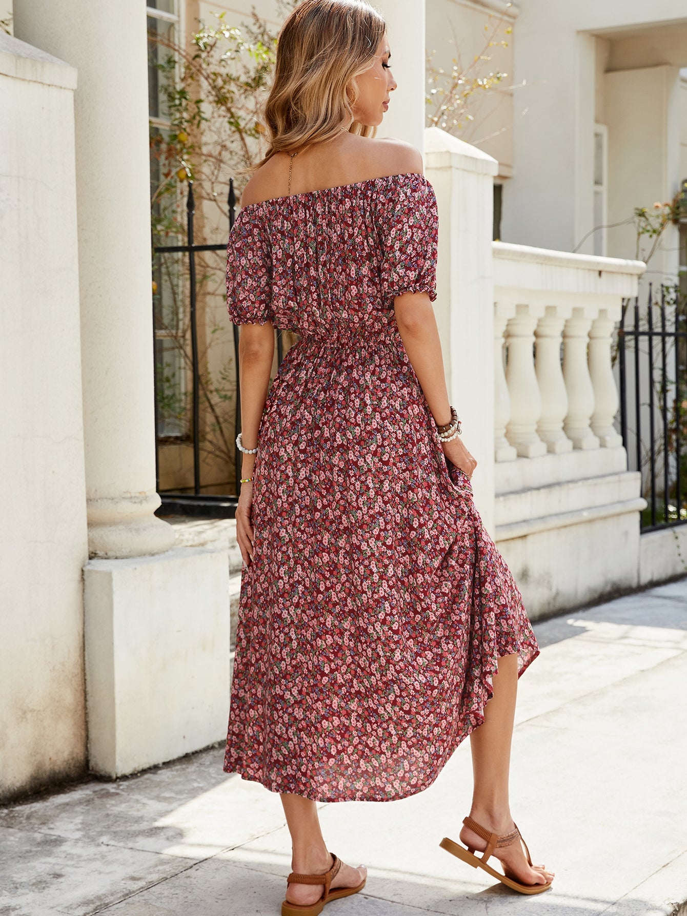 Women Summer Vacation Off Shoulder Print Short Sleeved Dress ANA