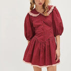 Women Clothing Spring Retro Red French Doll Collar Waist Controlled Lace up Dress Aiostar