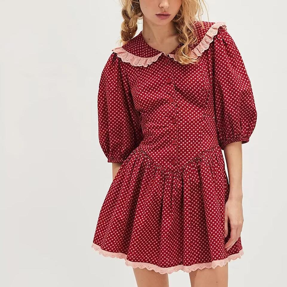 Women Clothing Spring Retro Red French Doll Collar Waist Controlled Lace up Dress Aiostar