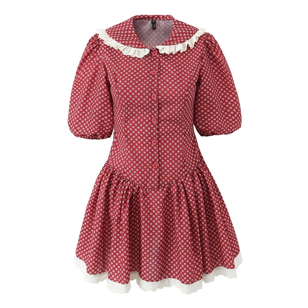 Women Clothing Spring Retro Red French Doll Collar Waist Controlled Lace up Dress Aiostar