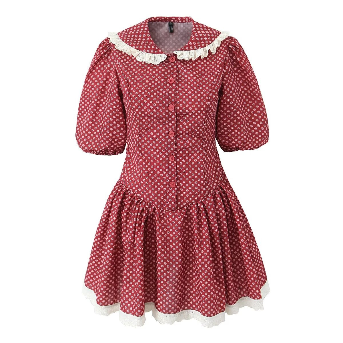 Women Clothing Spring Retro Red French Doll Collar Waist Controlled Lace up Dress Aiostar