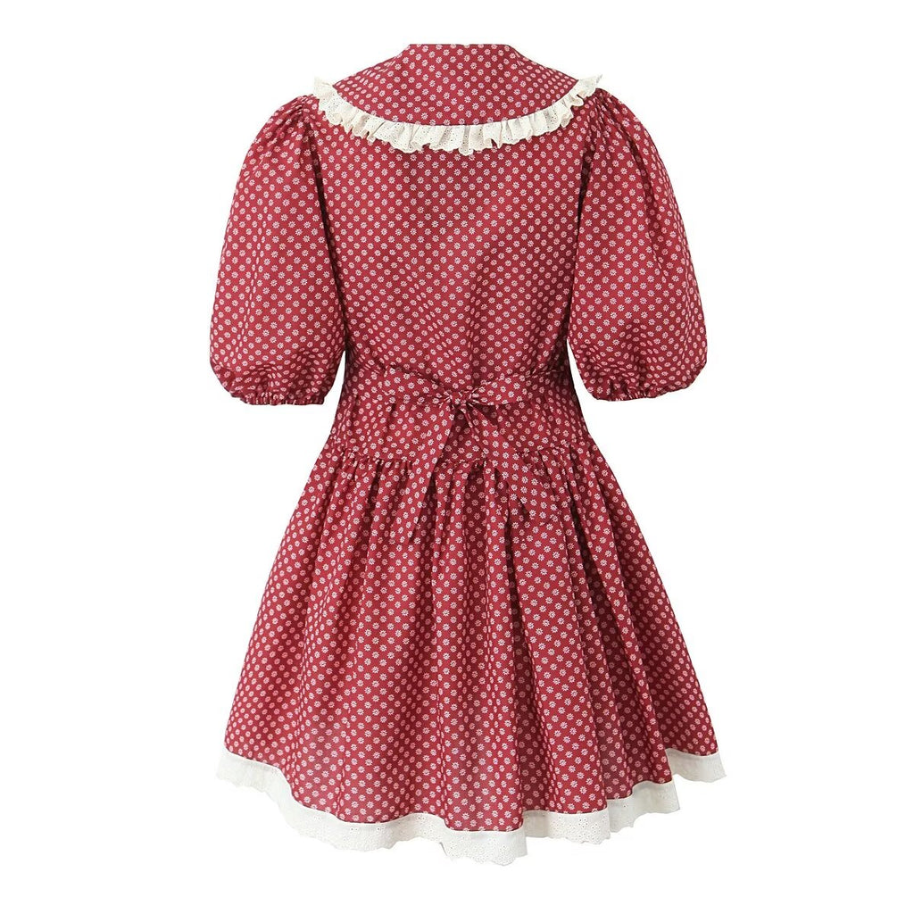 Women Clothing Spring Retro Red French Doll Collar Waist Controlled Lace up Dress Aiostar