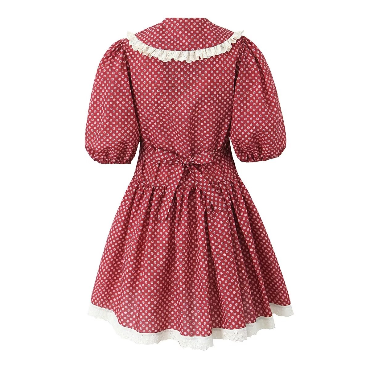 Women Clothing Spring Retro Red French Doll Collar Waist Controlled Lace up Dress Aiostar