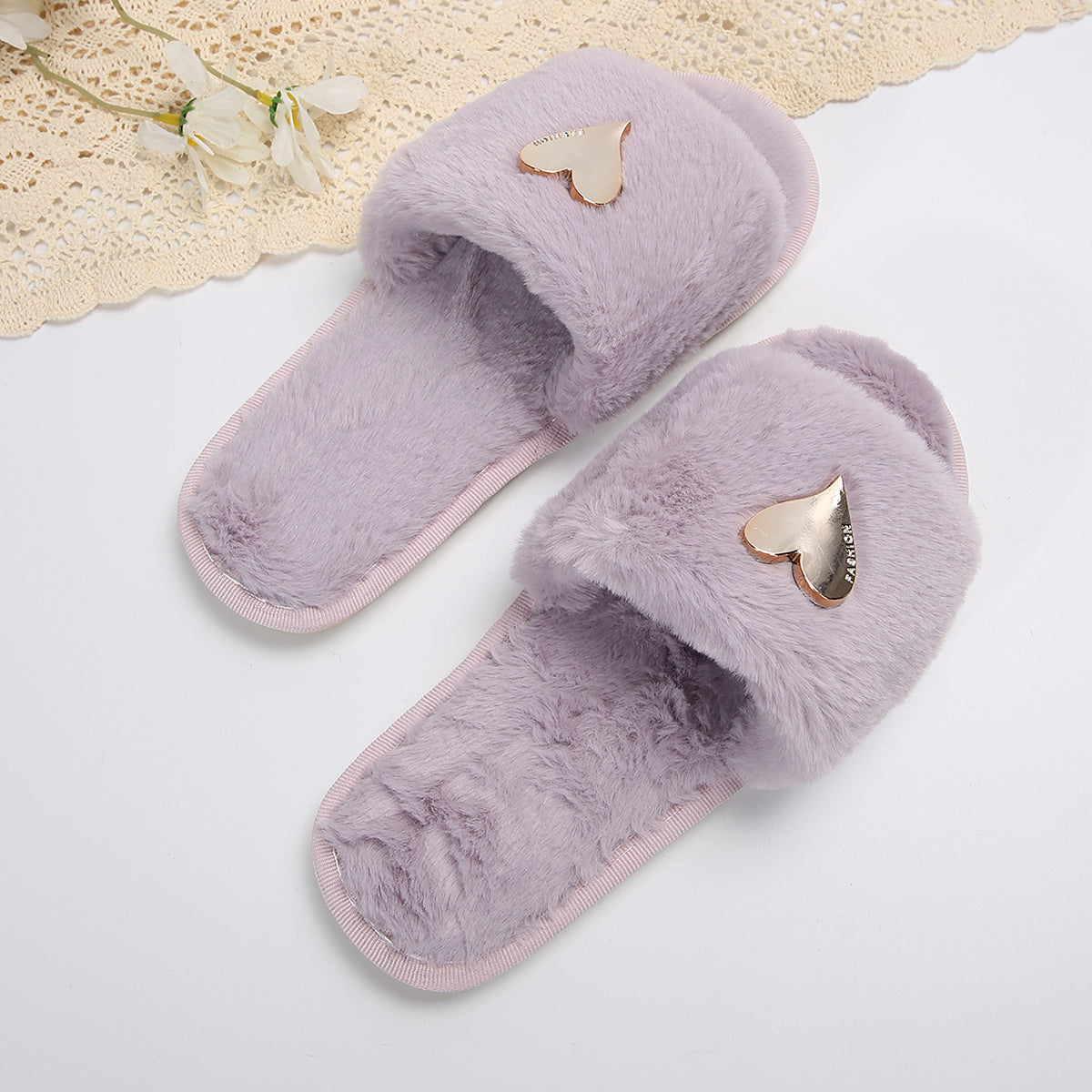 Fluffy Slippers Heart-Shaped Flat Slippers Women Home Casual Anti Rabbit Fur Cotton Slippers Women FDdsptj