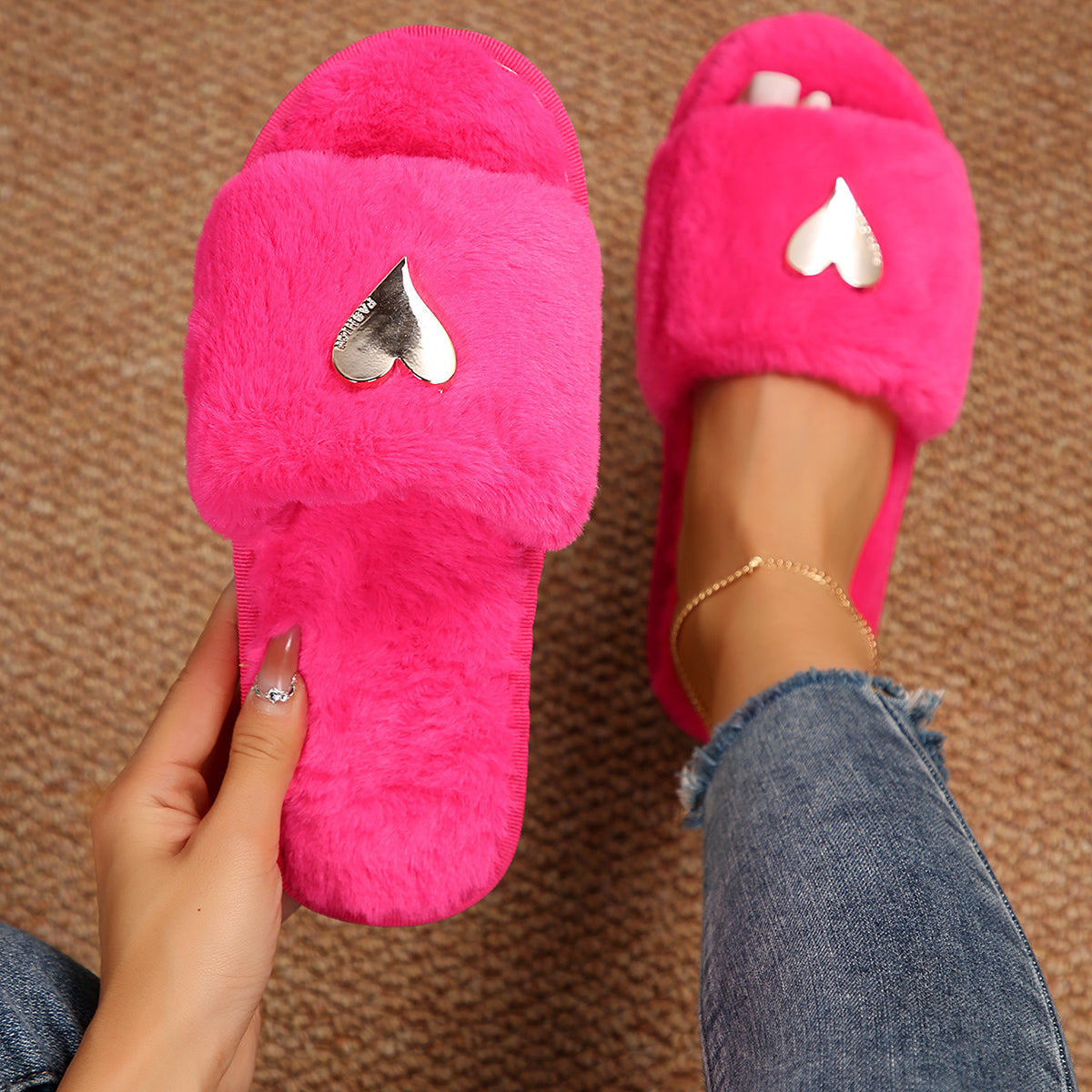 Fluffy Slippers Heart-Shaped Flat Slippers Women Home Casual Anti Rabbit Fur Cotton Slippers Women FDdsptj
