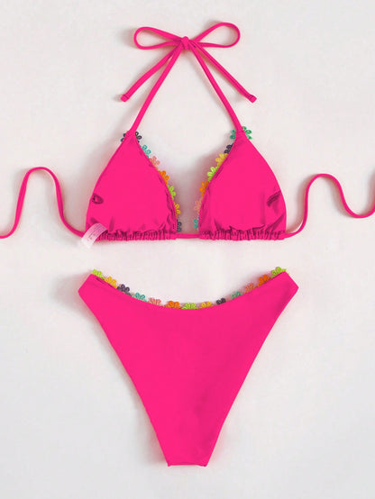 Women Bikini Sexy Drawstring Lace Split Bikini Swimsuit