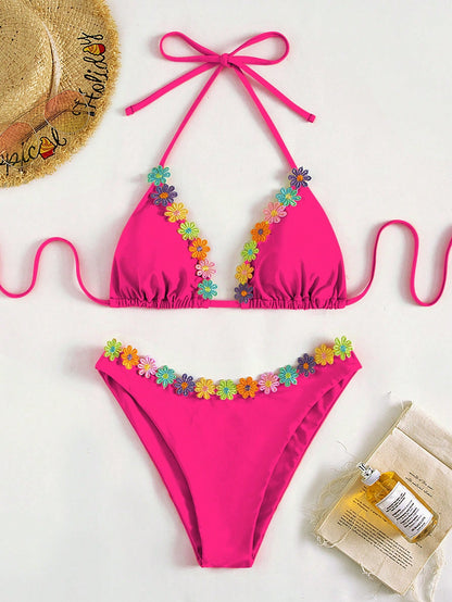 Women Bikini Sexy Drawstring Lace Split Bikini Swimsuit