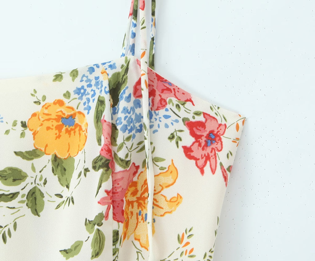 Summer Women Floral Small Floral Print Slim Fit Large Strap Dress OMI