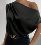 Camisa sin mangas con hombros descubiertos asimétrica irregular de seda artificial de satén de color sólido de primavera para mujer