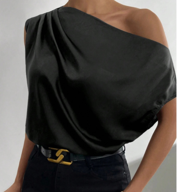 Camisa sin mangas con hombros descubiertos asimétrica irregular de seda artificial de satén de color sólido de primavera para mujer