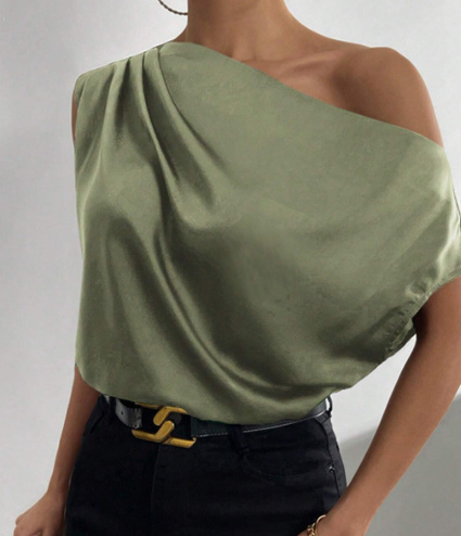 Camisa sin mangas con hombros descubiertos asimétrica irregular de seda artificial de satén de color sólido de primavera para mujer